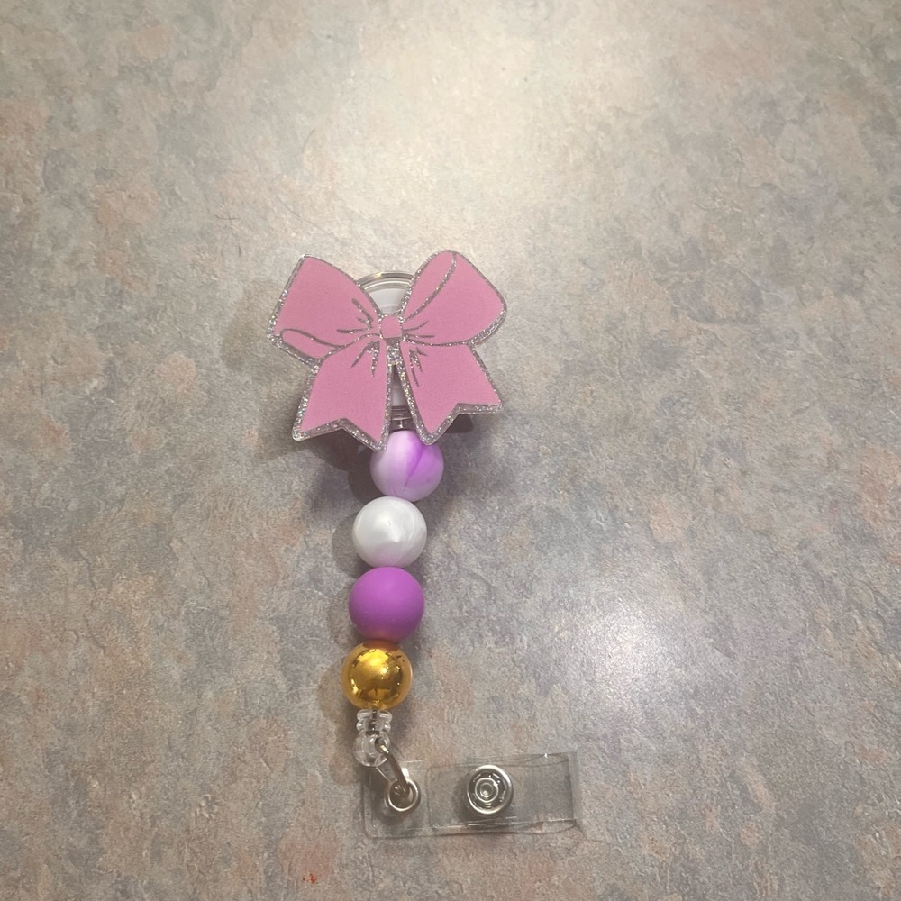 Pink Bow Beaded Badge Reel